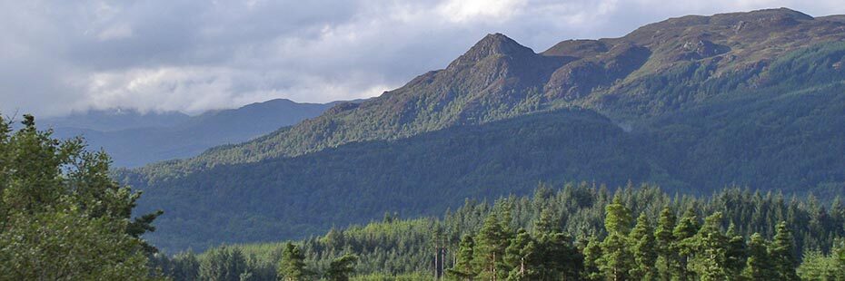 ben-aan-hill-forested-slopes-part-of-great-trossachs-forest-with-cloudy-dramatic-sky-behnd