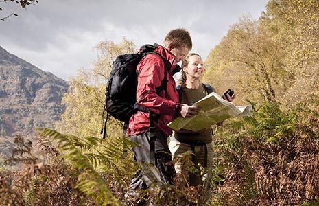 man-and-woman-in-outdoor-gear-studying-map-surrounded-by-ferns-and-trees-ben-venue-visible-on-the-left-in-the-distance