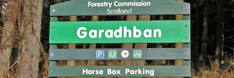forestry-commission-green-wooden-sign-reading-garadhban-horse-box-parking-with-forest-behind