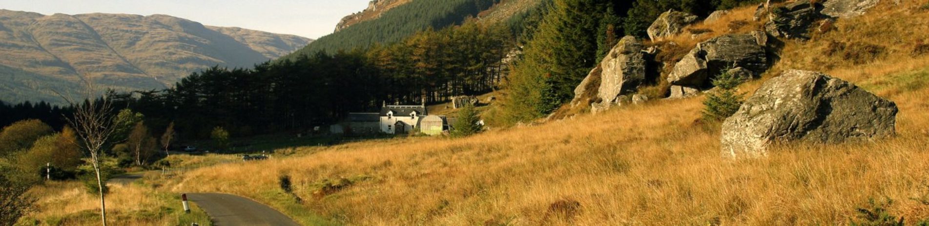 glen-massan-path-in-sunset-light-farm-house-in-distance-next-to-coniferous-plantation