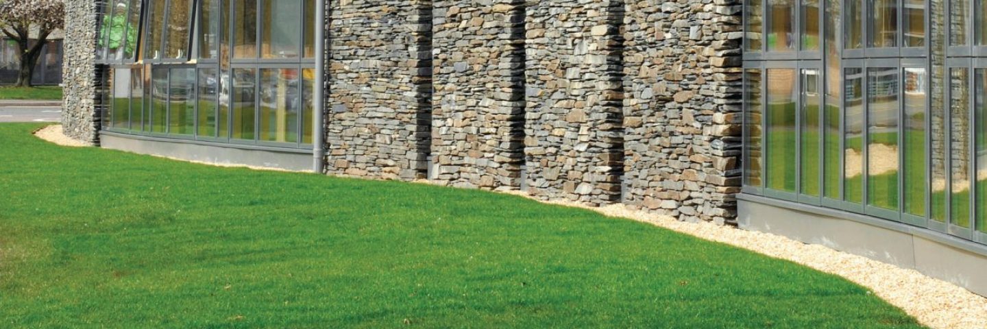 loch-lomond-trossachs-national-park-authority-headquarters-building-close-up-of-green-grass-outside-with-details-of-stone-work-and-glass-windows