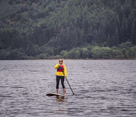 blonde-woman-with-sunglasses-and-smiling-paddleboarding-on-loch