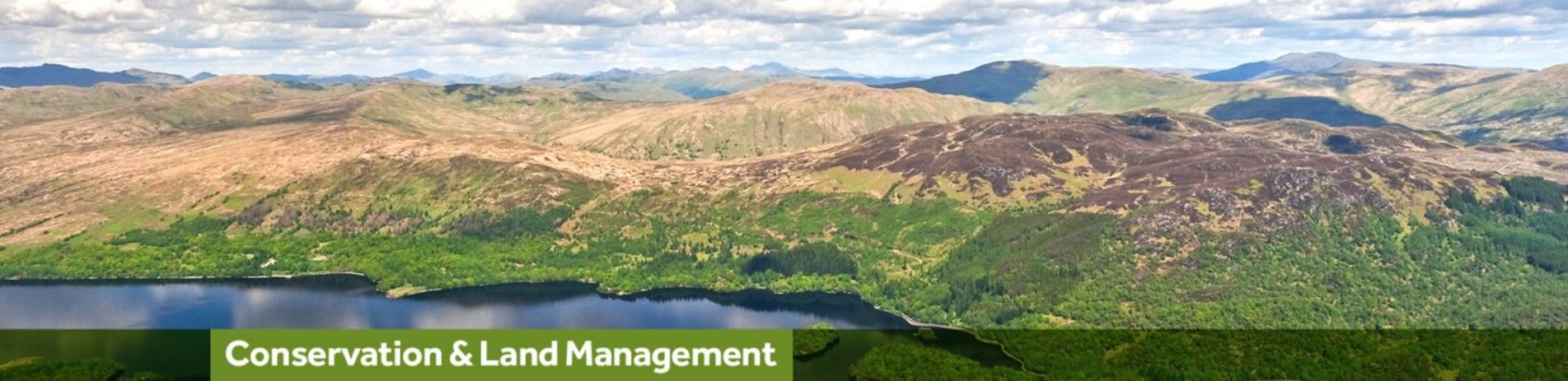 panorama-of-trossachs-hills-and-loch-katerine-with-sunny-cloudy-skies-above-green-banner-underneath-reading-conservation-and-land-management