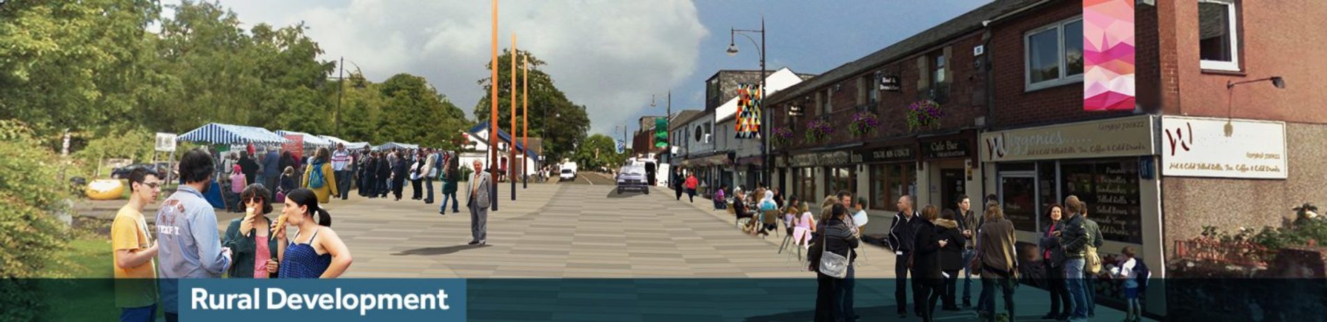 graphic-vision-of-balloch-main-street-very-few-cars-visible-groups-of-people-prominent-as-well-as-stalls-on-the-left-with-blue-banner-underneath-reading-rural-development