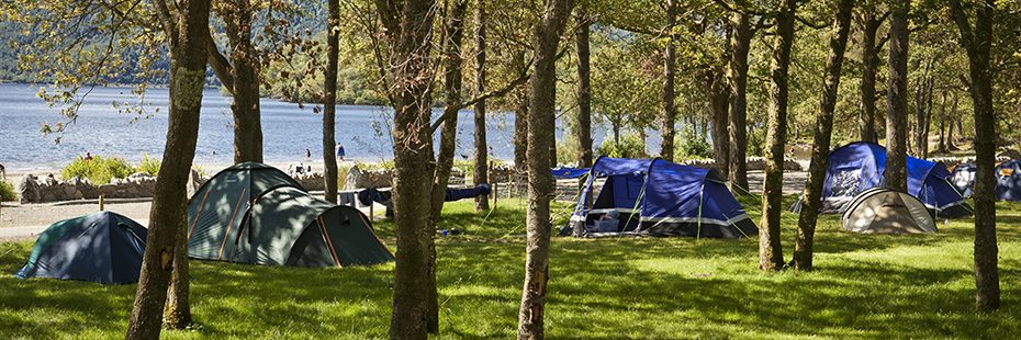 sallochy-campsite-six-large-tents-blue-and-green-facing-water-side-loch-lomond-visible-through-trees-on-left-sunny-day