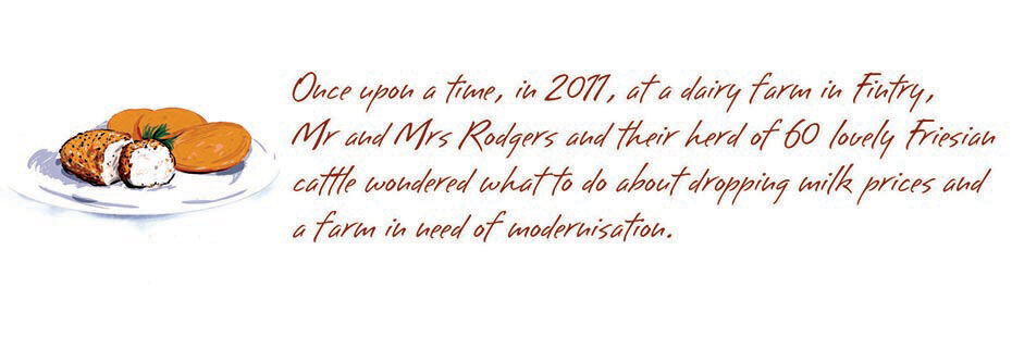 graphic-of-cheese-platter-and-text-reading-once-upon-a-time-in-two-thousand-eleven-at-a-dairy-farm-in-fintry-mister-and-missus-rodgers-and-their-herd-of-sixty-lovely-friesian-cattle-wondered-what-to-do-about-dropping-milk-prices-and-a-farm-in-need-of-modernisation