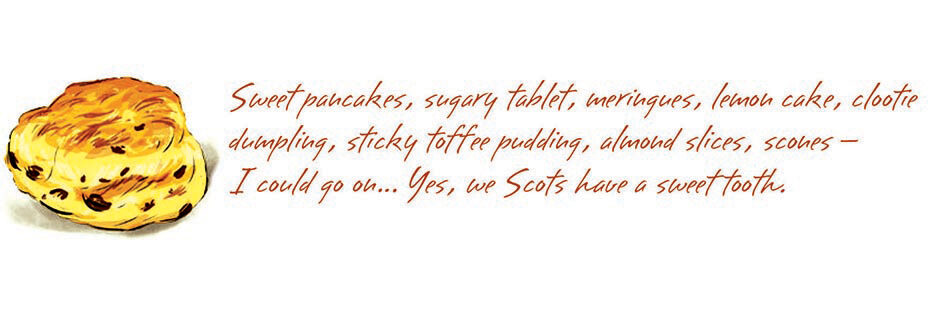 graphic-of-scone-next-to-text-reading-sweet-pancakes0sugary-tablet-meringues-lemon-cake-clootie-dumpling-sticky-toffee-pudding-almond-slices-scones-i-could-go-on-yes-we-scots-have-a-sweettooth