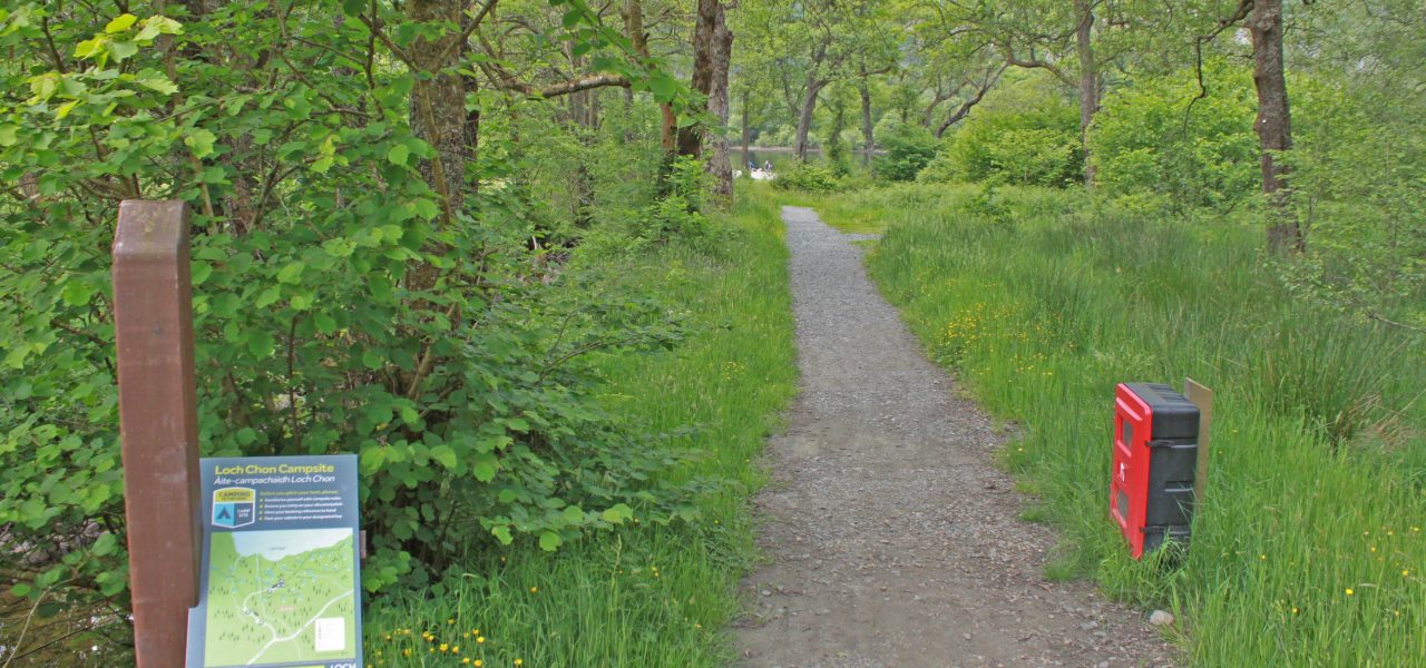 loch-chon-campsite-path-through-trees-to-loch-just-visible-in-the-distance-a-map-of-the-campsite-is-attached-to-a-wooden-post-in-the-foreground-on-the-left