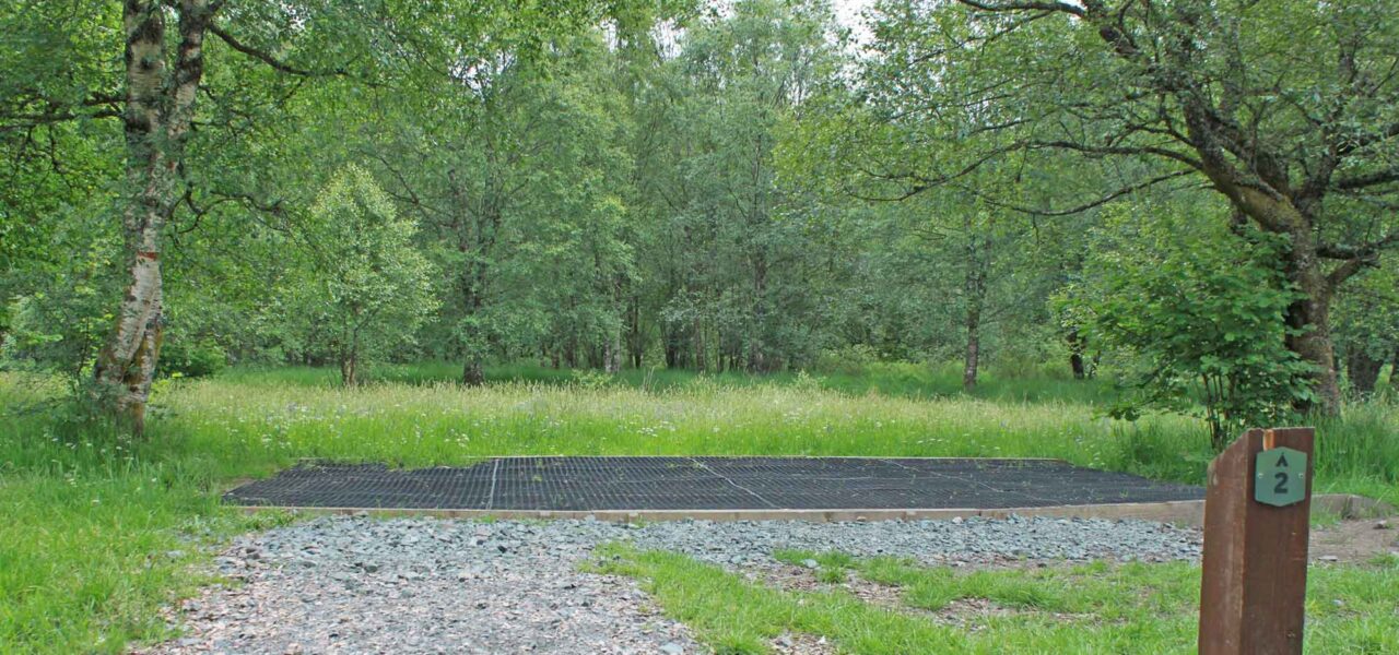 loch-chon-campsite-pitch-number-two-rubber-mat-for-pitching-tent-surrounded-by-young-trees