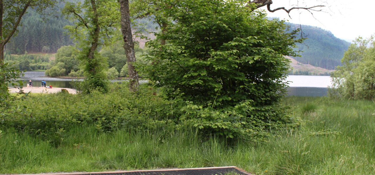 loch-chon-campsite-pitch-number-nine-rubber-mat-for-pitching-tent-with-loch-visible-in-the-distance-and-couple-sitting-on-folding-chairs