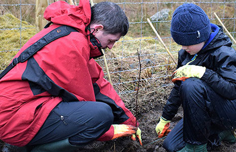 man-with-dark-hair-wearing-red-jacket-helps-young-boy-wearing-blue-hat-to-plant-a-tree
