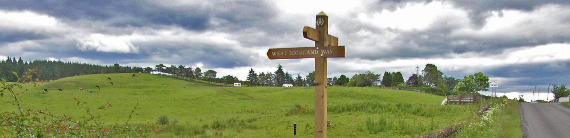 west-highland-way-wooden-marker-on-the-side-of-a-road-with-green-fields-on-the-left