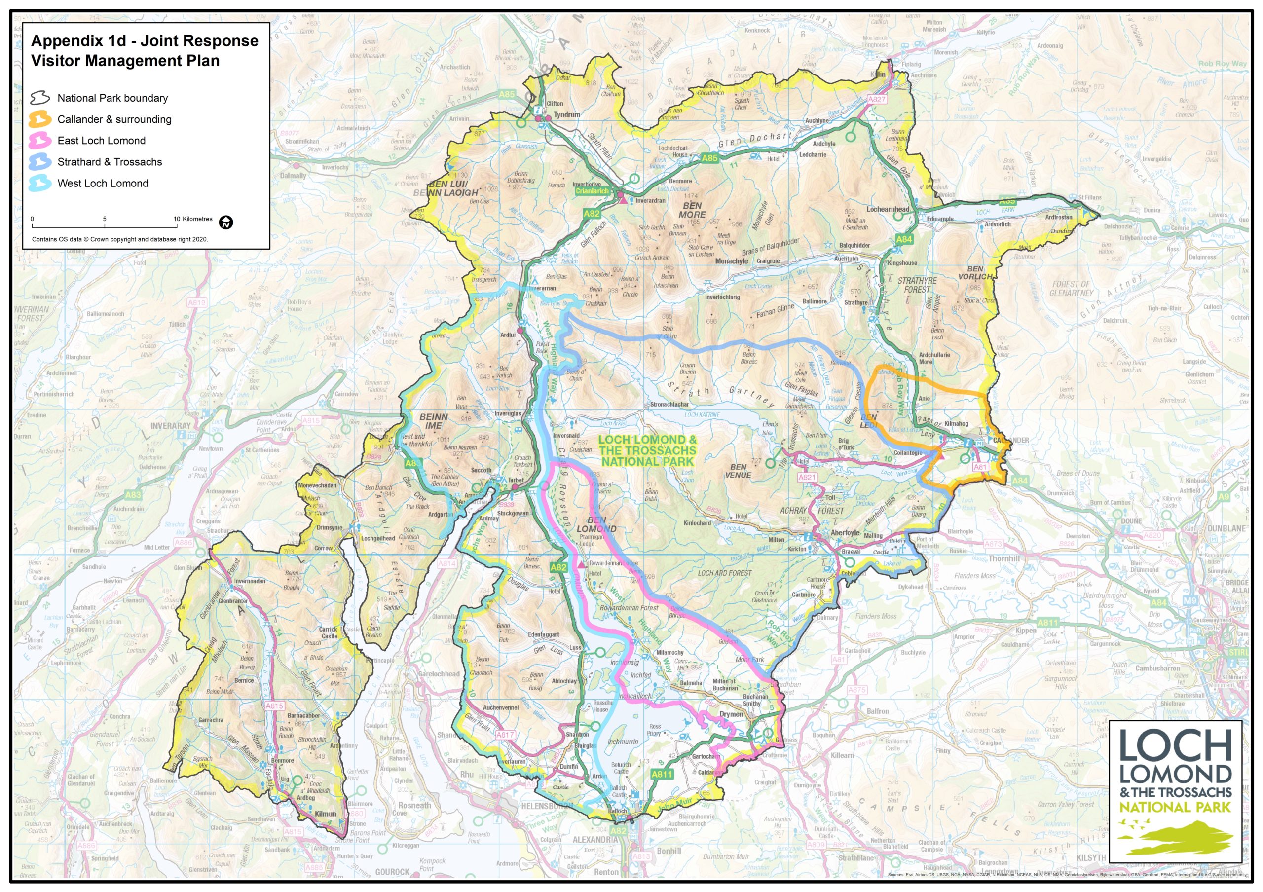 map showing joint response visitor management plan zones within loch lomond and the trossachs national park including callander and the surrounding area, east loch lomond, strathard and the trossachs and west loch lomond