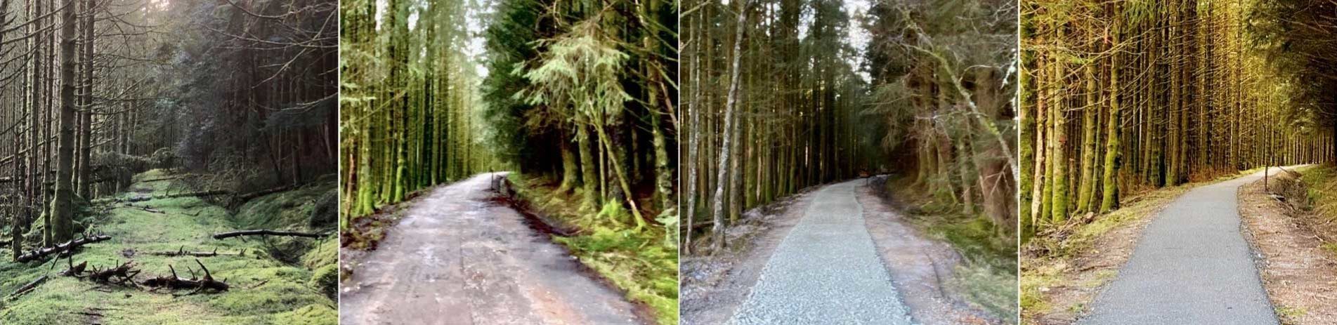 river walk before and after images showing ancient coach path covered in grass then finally a new paved path through the woodland