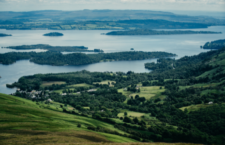 Aerial view of loch and islands