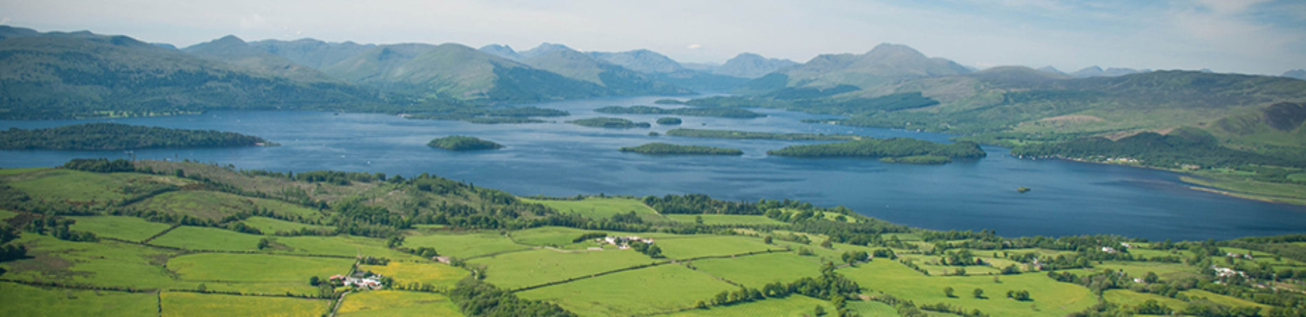Aerial panorama view of Loch Lomond looking noirth