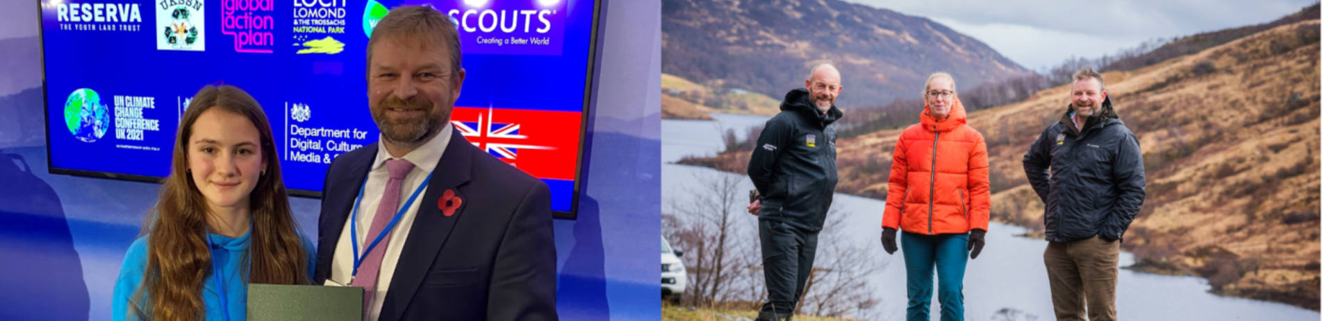 collage of 2 images, 1 of National Park Board member James Stuart with Youth Committee member Catriona Manders at COP26, and 1 of James with MSP Lorna Slater