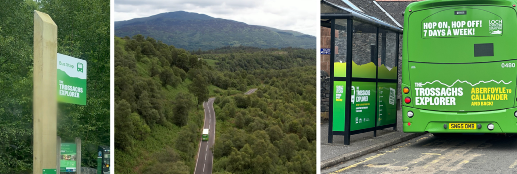 Trossachs Explorer bus stop, aerial view of route and bus shelter in Aberfoyle