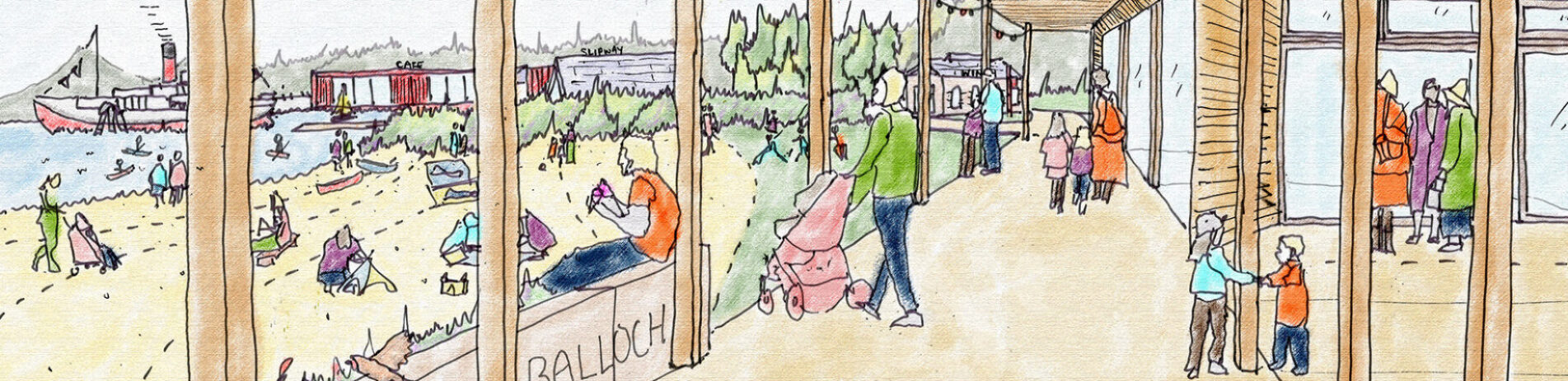 An artist's impression of Balloch Pierhead featuring adults and children on a covered walkway and a sandy beach.