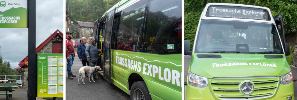 Trossachs Explorer bus stop, passengers and front of bus