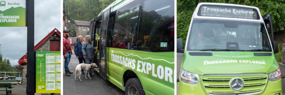 Trossachs Explorer bus stop, passengers and front of bus