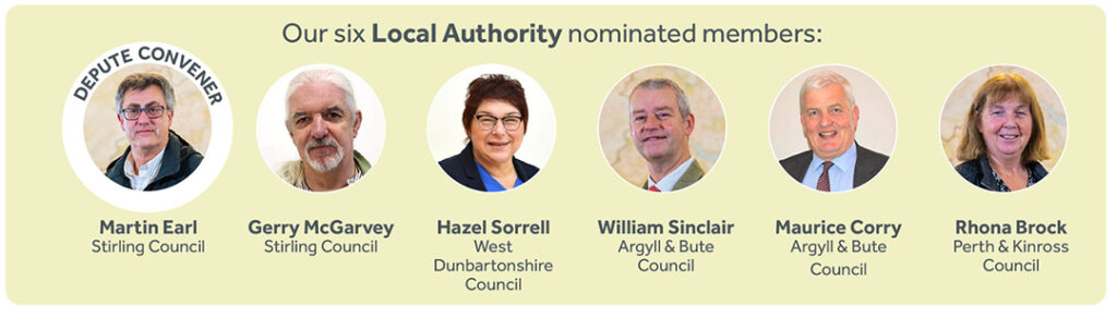 Diagram shows photos of our six Local Authority nominated members: Martin Earl (Depute Convener) - Stirling Council Gerry McGarvey - Stirling Council Hazel Sorrell - West Dunbartonshire Council William Sinclair - Argyll & Bute Council Maurice Corry - Argyll & Bute Council Rhona Brock - Perth & Kinross Council