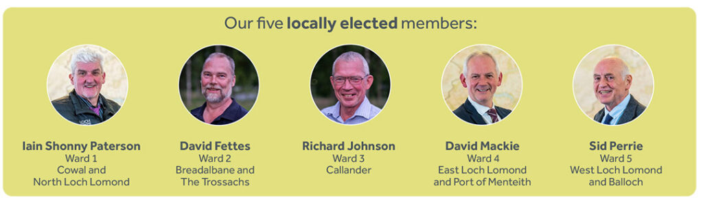 Diagram shows individual photographs of our five locally elected members: Iain Shonny Paterson, Ward 1- Cowal and North Loch Lomond David Fettes, Ward 2 - Breadalbane and The Trossachs Richard Johnson, Ward 3 - Callander David Mackie, Ward 4 - East Loch Lomond and Port of Menteith Sid Perrie, Ward 5 - West Loch Lomond and Balloch